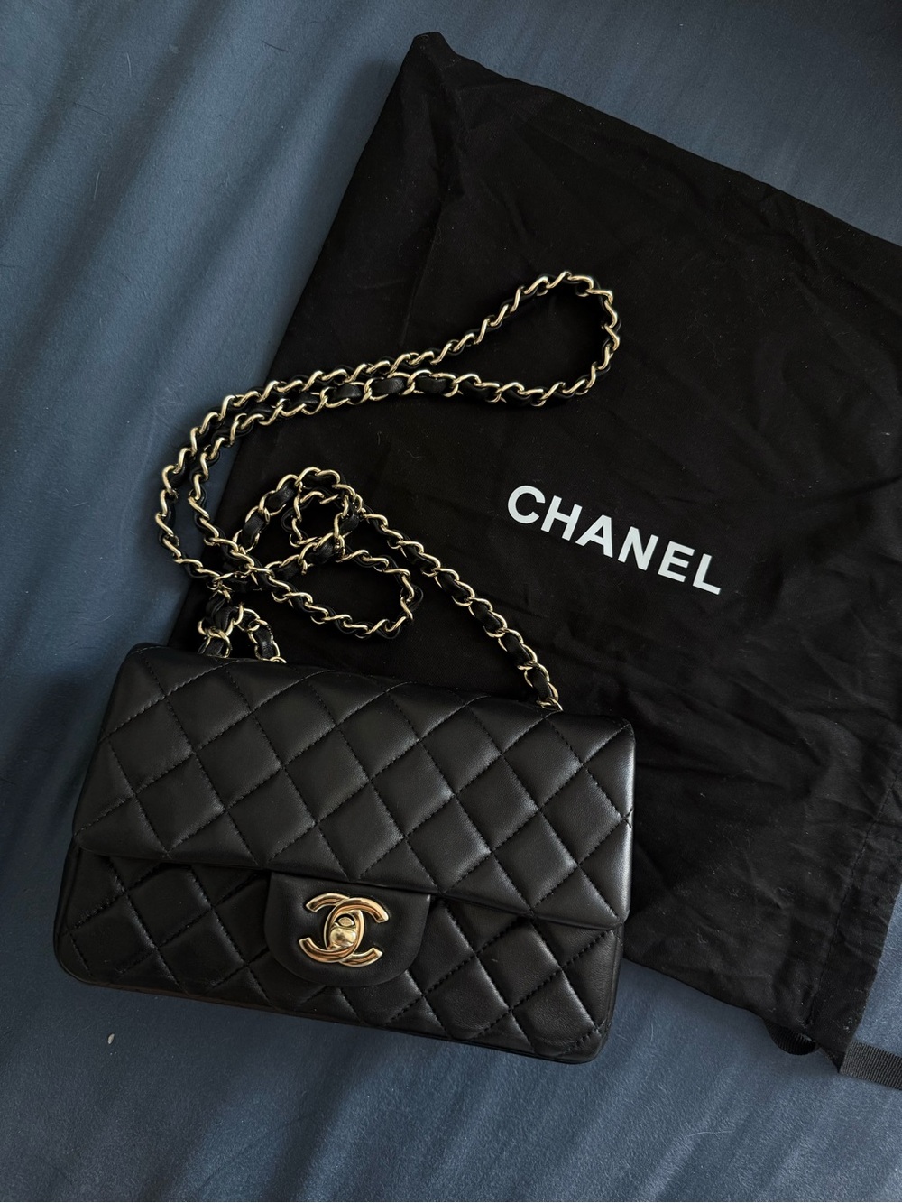 CHANEL Black Quilted Lambskin Mini Rectangular Flap with Champagne Gold HW